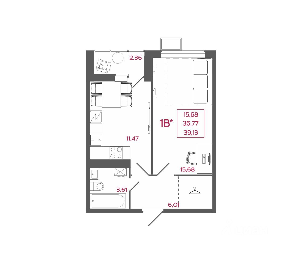 1-комн. квартира, 39.13 м², 8/17 этаж