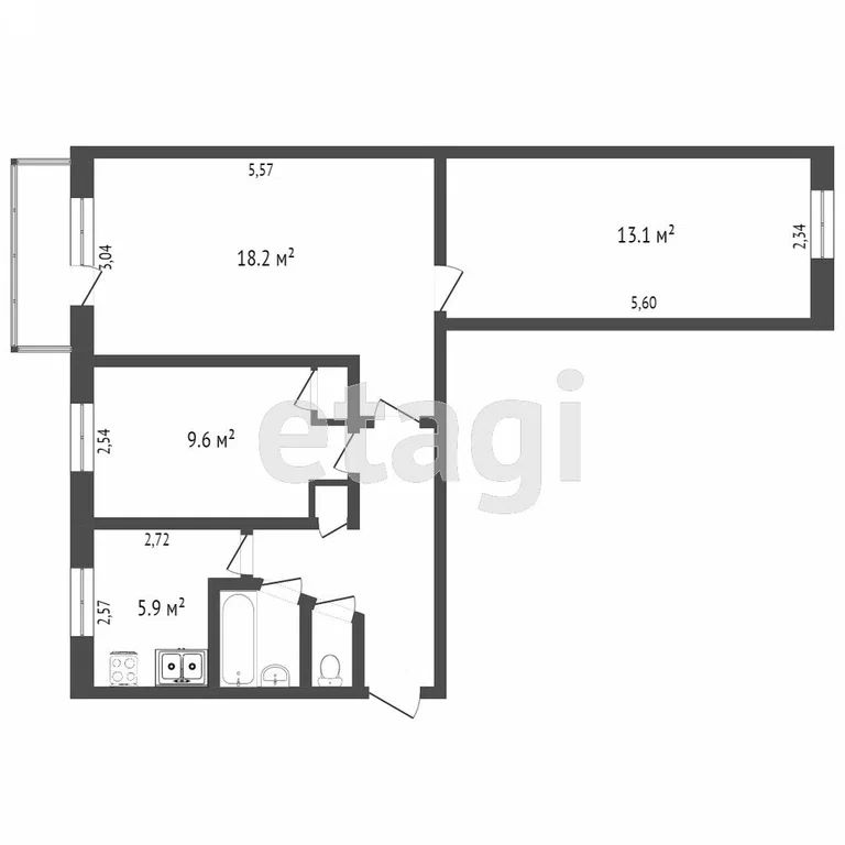 3-комн., 59.2 м², 2/5 этаж