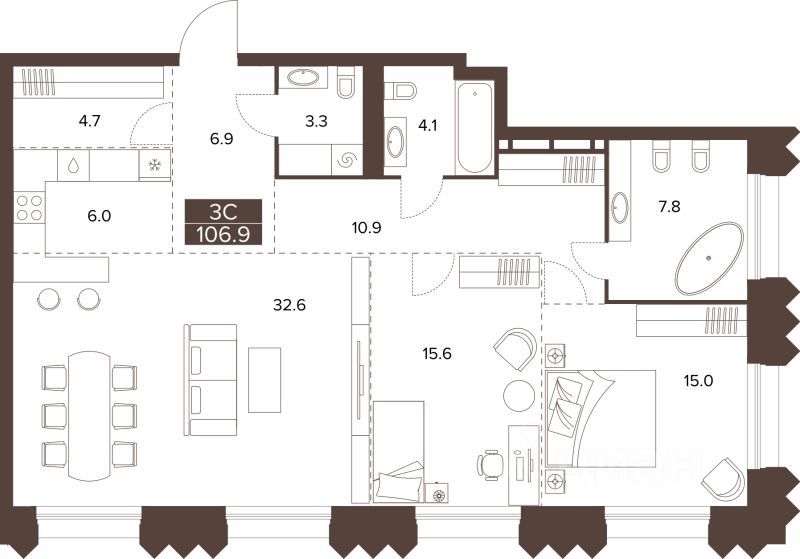 3-комн., 106.9 м², 5/16 этаж