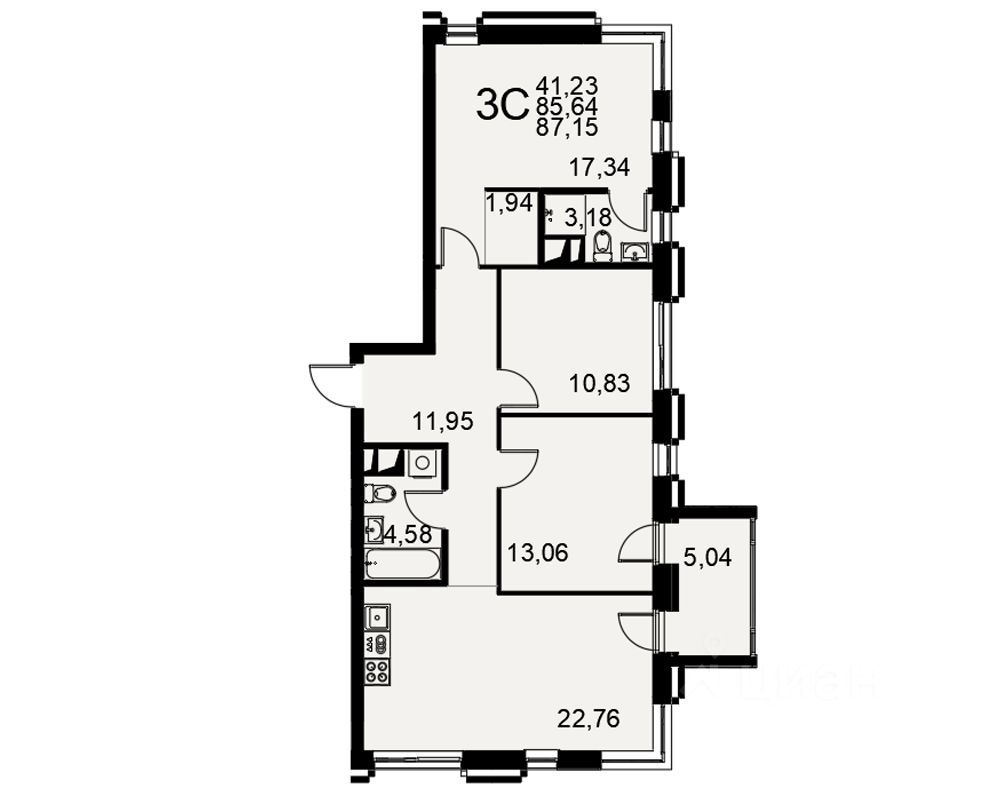 3-комн. квартира, 87.2 м2, 3/11 этаж