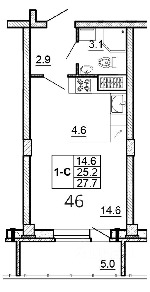 Студия, 27.7 м², 9/16 этаж