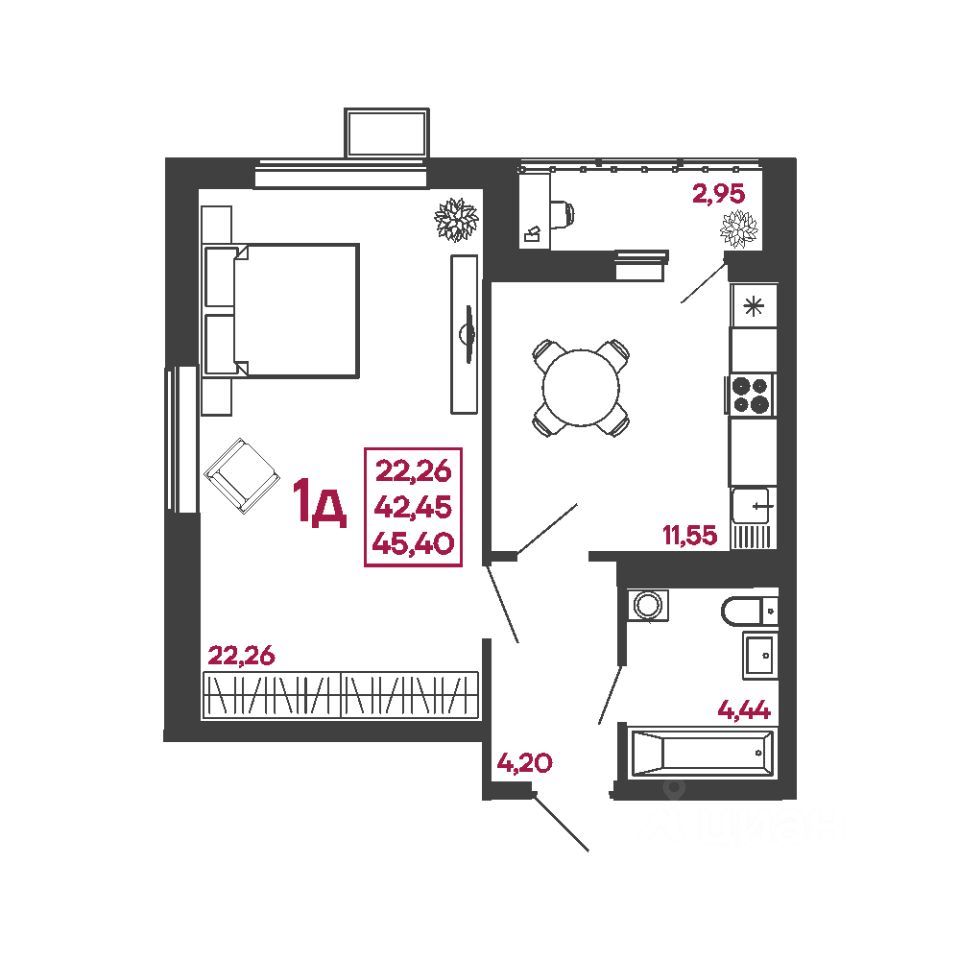 1-комн. квартира, 45.4 м², 13/17 этаж