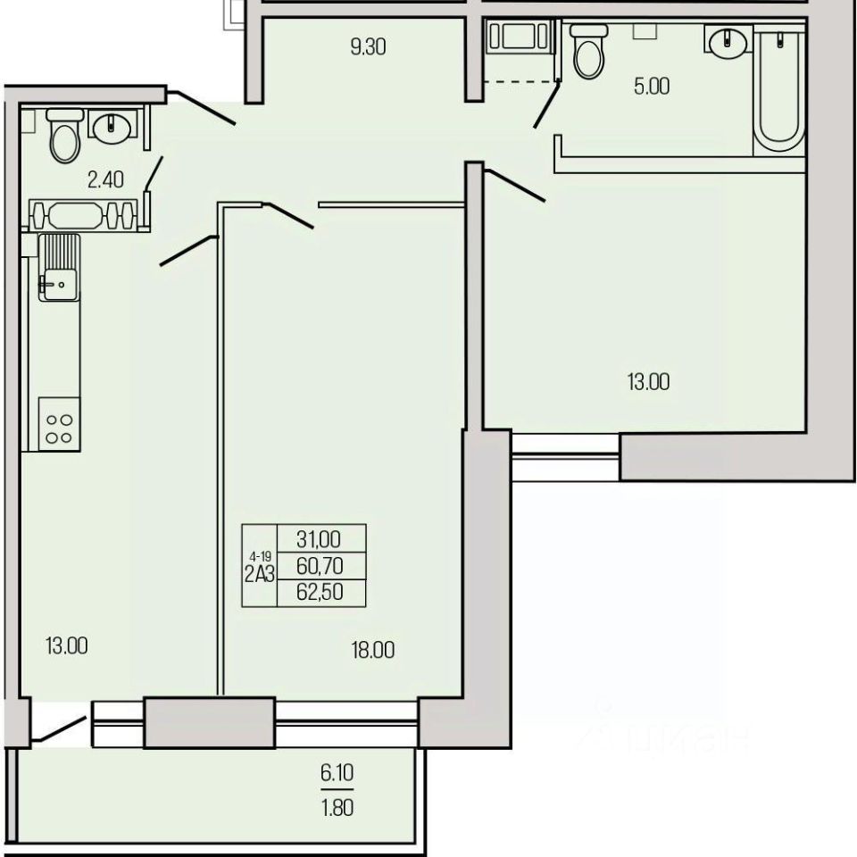 2-комн., 62.85 м², 16/19 этаж