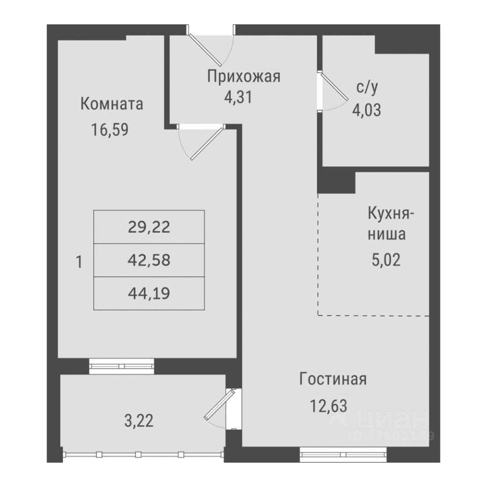 1-комн., 44.19 м², 2/22 этаж