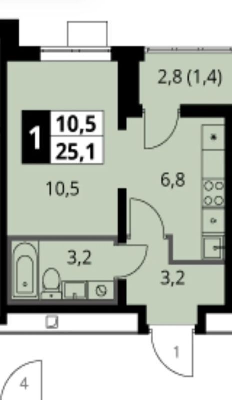 Студия, 25.1 м2, 9/25 этаж