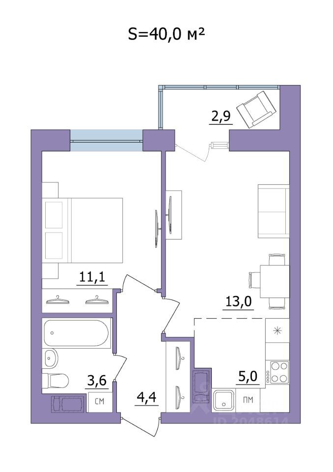 2-комн. квартира, 40 м2, 3/23 этаж
