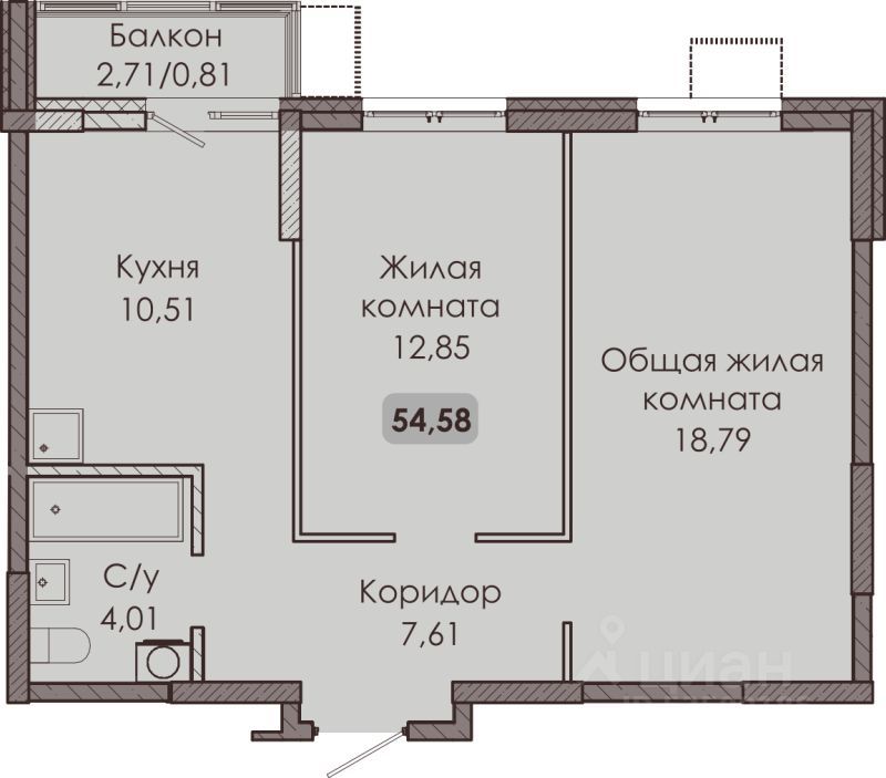 2-комн., 54.58 м², 4/9 этаж