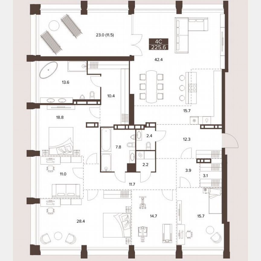 4-комн. квартира, 225.2 м², 16/16 этаж