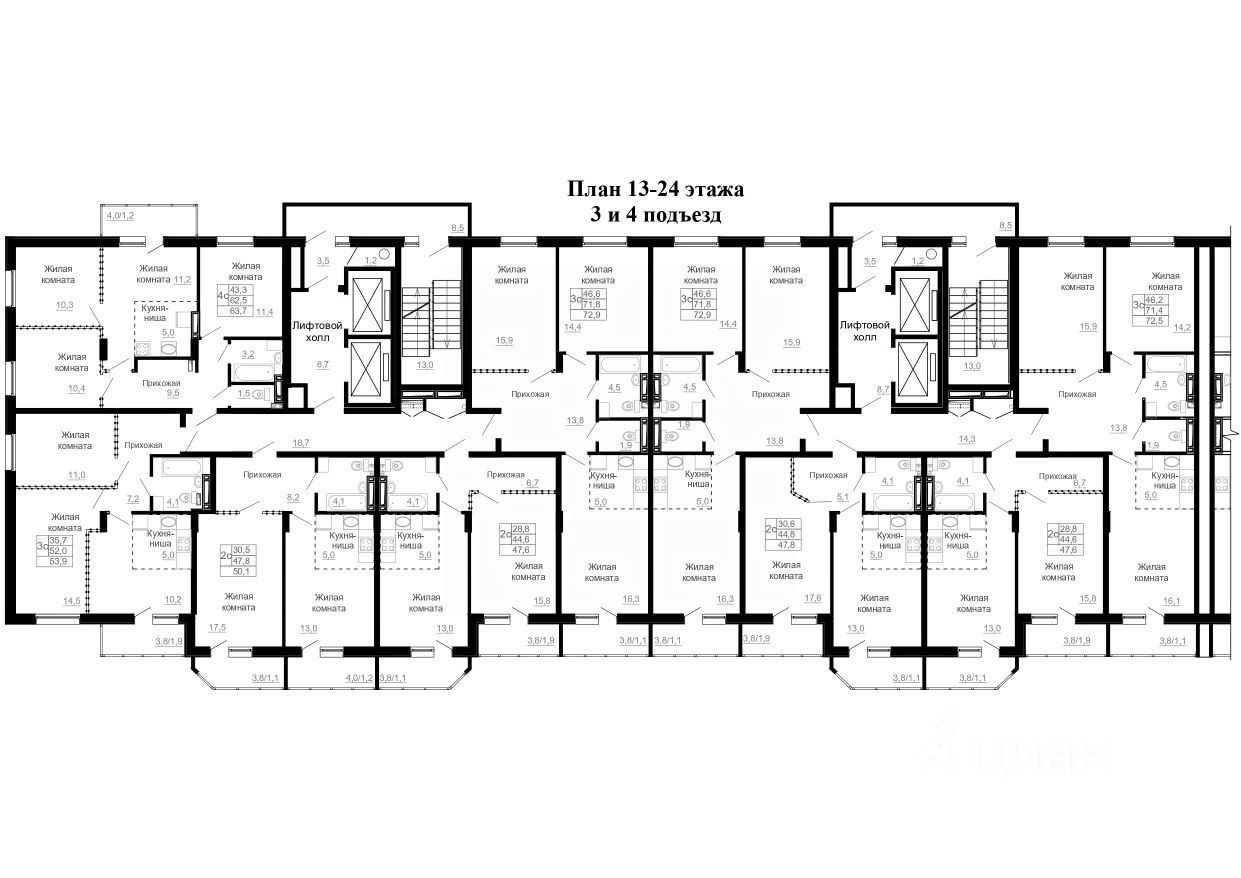 3-комн. квартира, 67.1 м², 20/25 этаж
