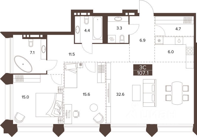 3-комн., 107.1 м², 12/16 этаж