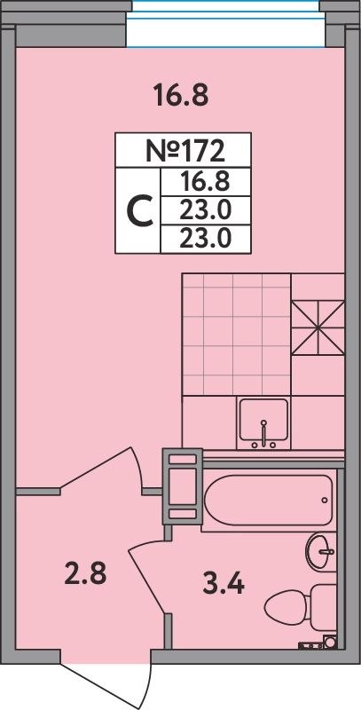 Студия, 23 м², 2/12 этаж