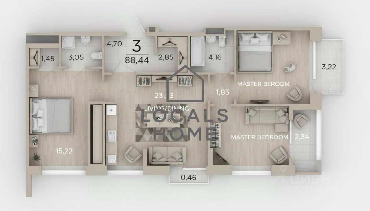 3-комн., 87.94 м², 19/19 этаж