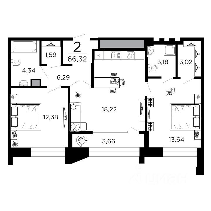 2-комн., 66.32 м², 19/19 этаж