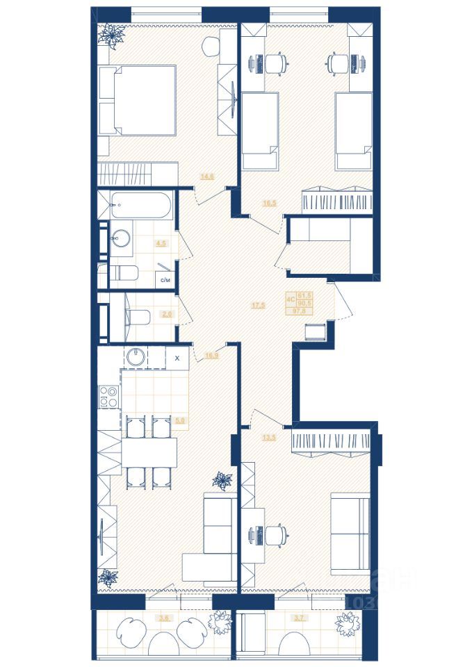 3-комн., 97.8 м², 12/25 этаж