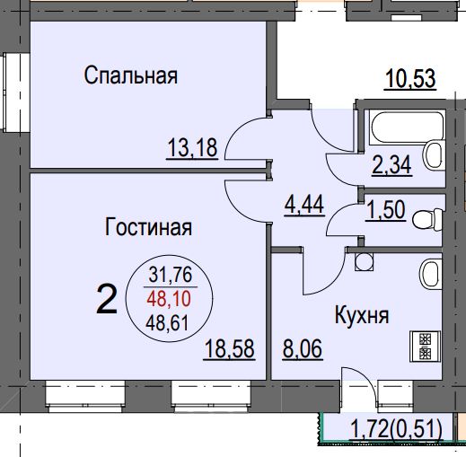 2-комн., 50.1 м², 3/5 этаж