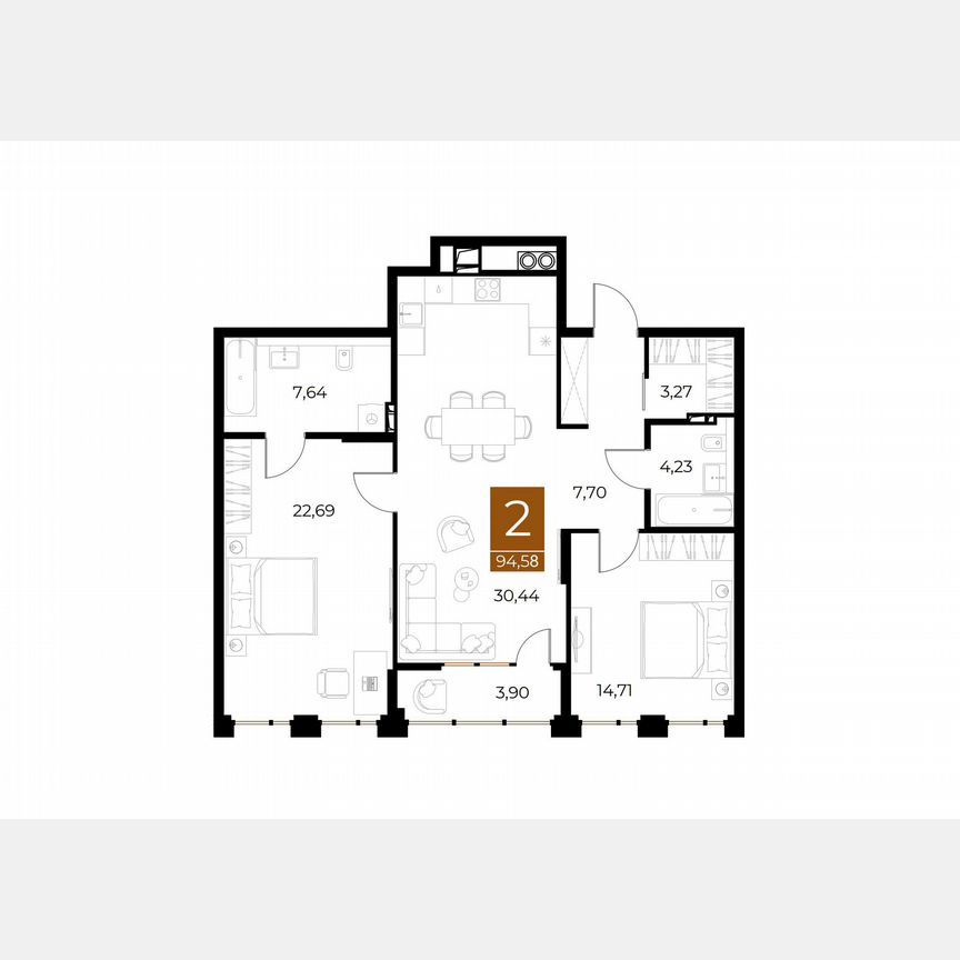 2-комн., 94.6 м², 4/8 этаж
