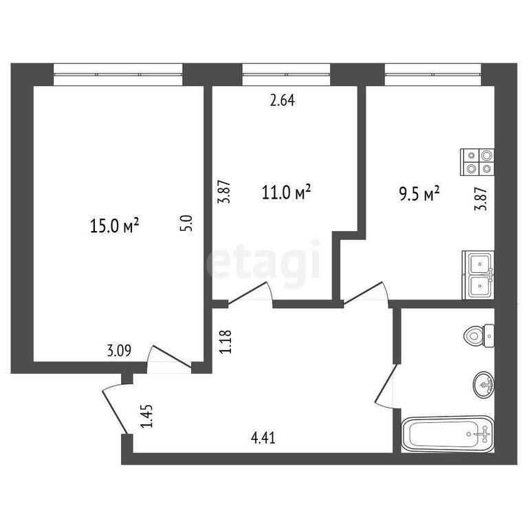 2-комн. квартира, 45.1 м2, 3/4 этаж