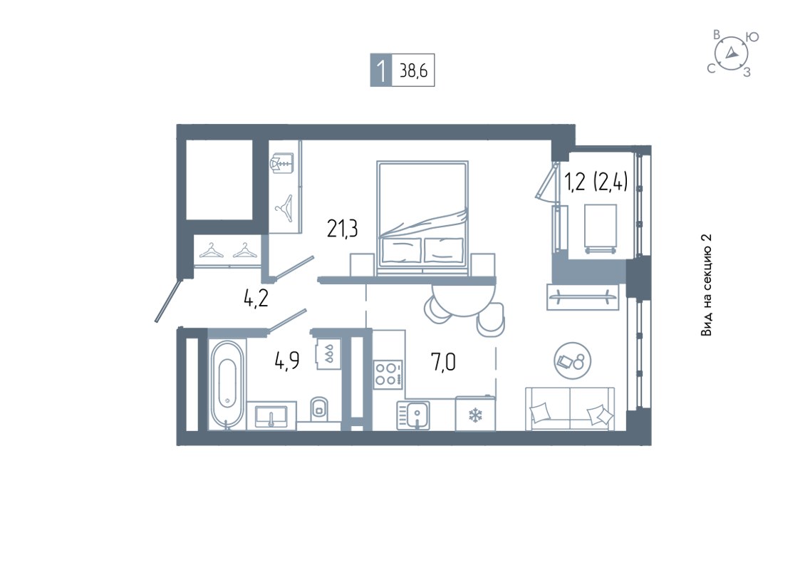 1-комн., 38.6 м², 20/24 этаж