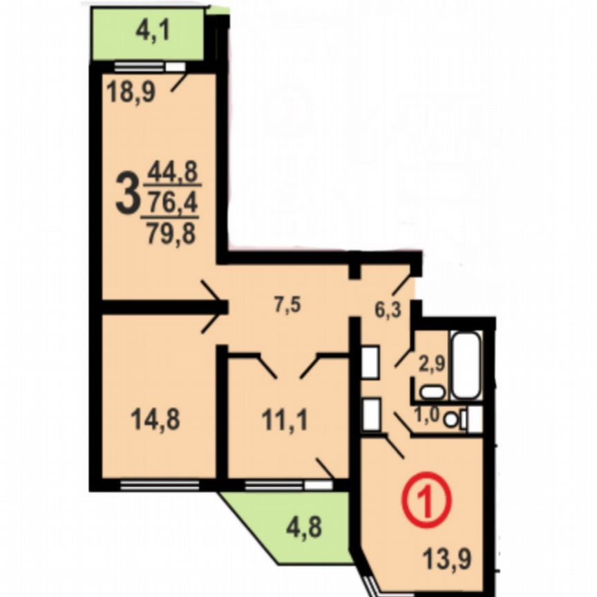 3-комн., 75.3 м², 18/25 этаж