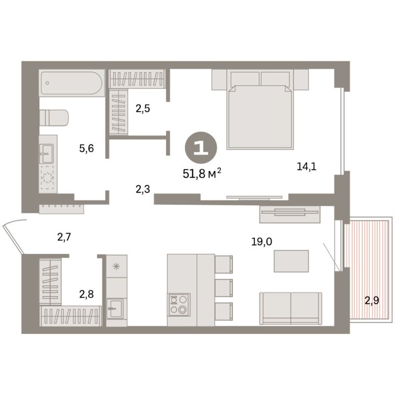 1-комн., 51.81 м², 8/16 этаж