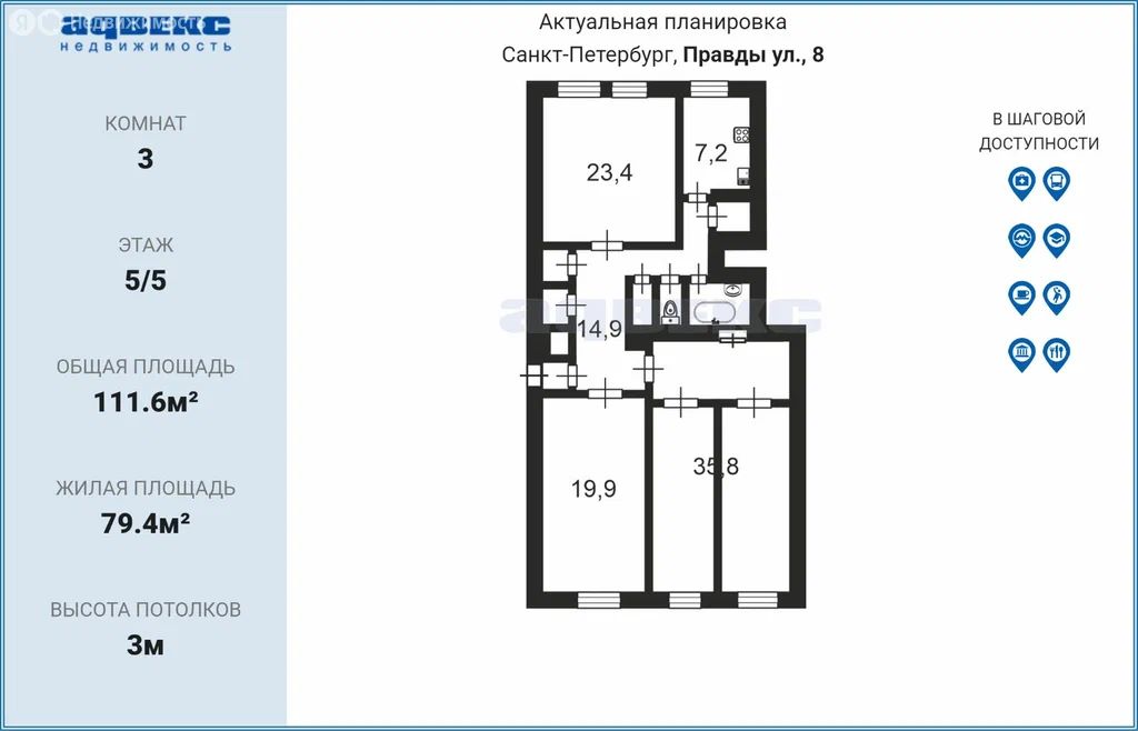3-комн., 111.6 м², 5/5 этаж