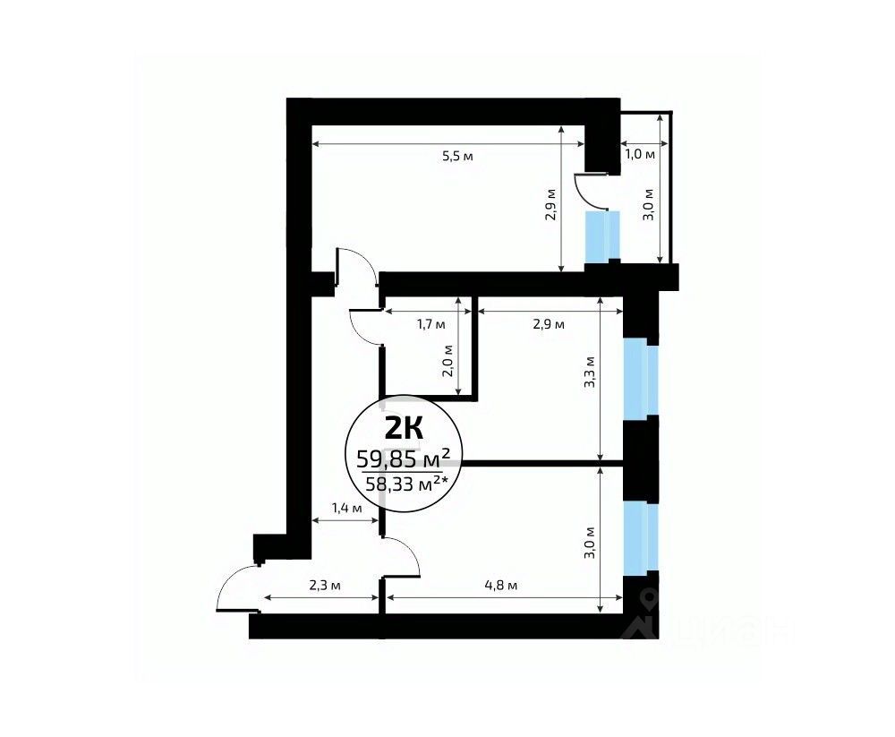 2-комн. квартира, 59.9 м2, 3/18 этаж