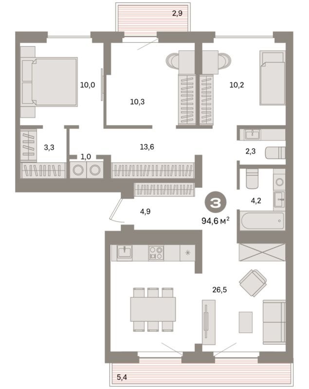 3-комн., 94.6 м², 8/9 этаж