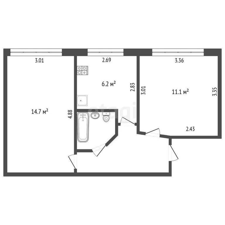 2-комн., 40 м², 1/5 этаж