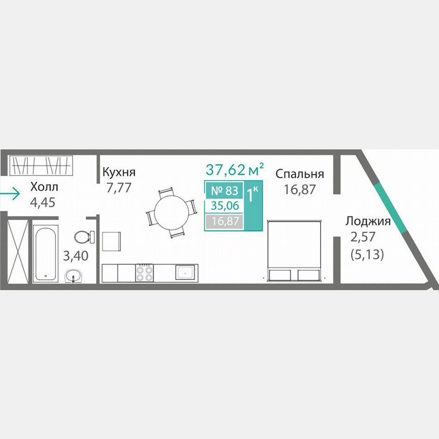 1-комн. квартира, 35.1 м2, 10/15 этаж