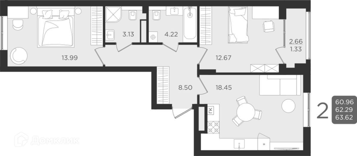 2-комн., 62.46 м², 1/9 этаж