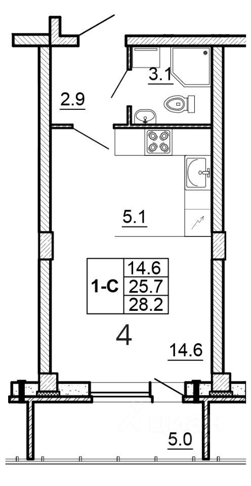 Студия, 28.2 м², 2/16 этаж