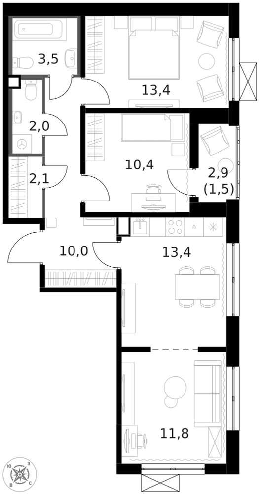 3-комн., 68.3 м², 7/13 этаж