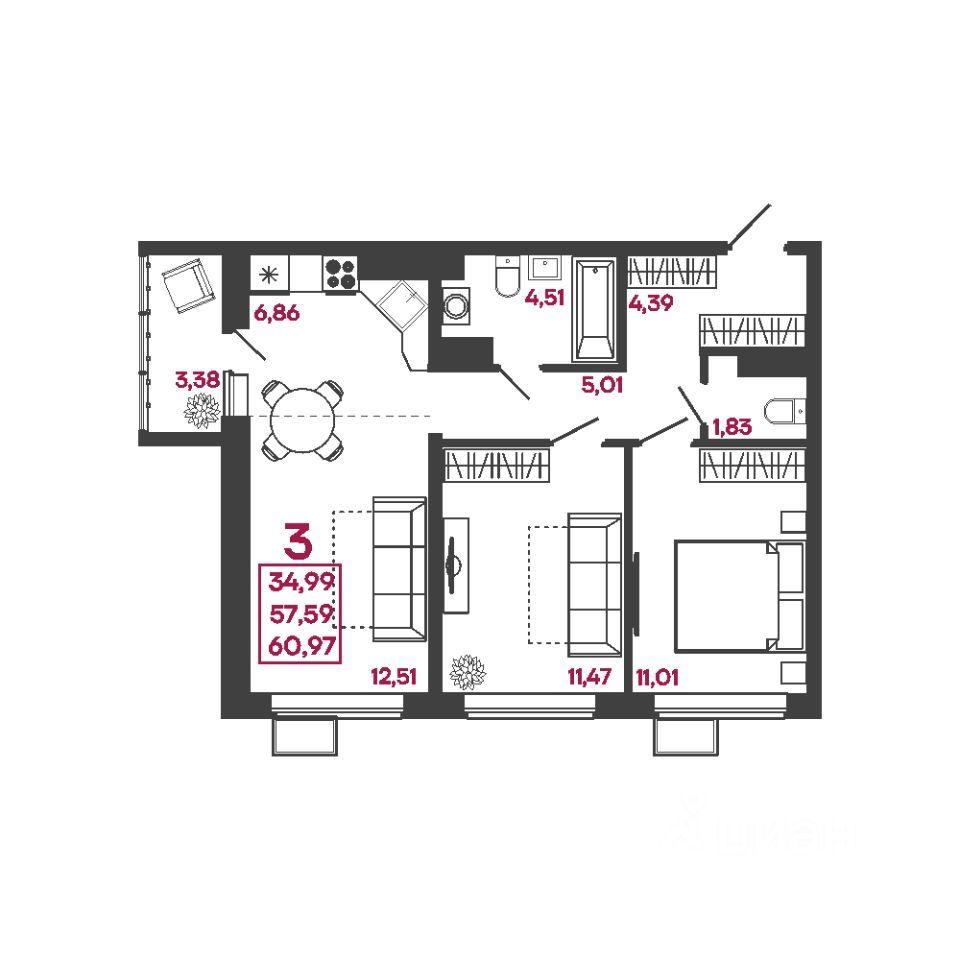 3-комн., 60.97 м², 2/17 этаж
