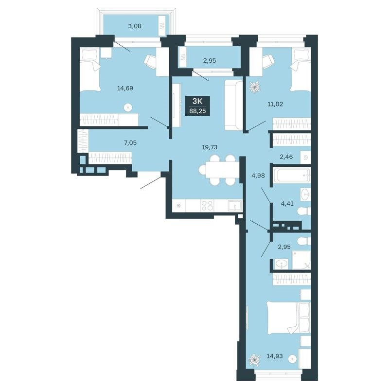 3-комн., 88.25 м², 3/25 этаж