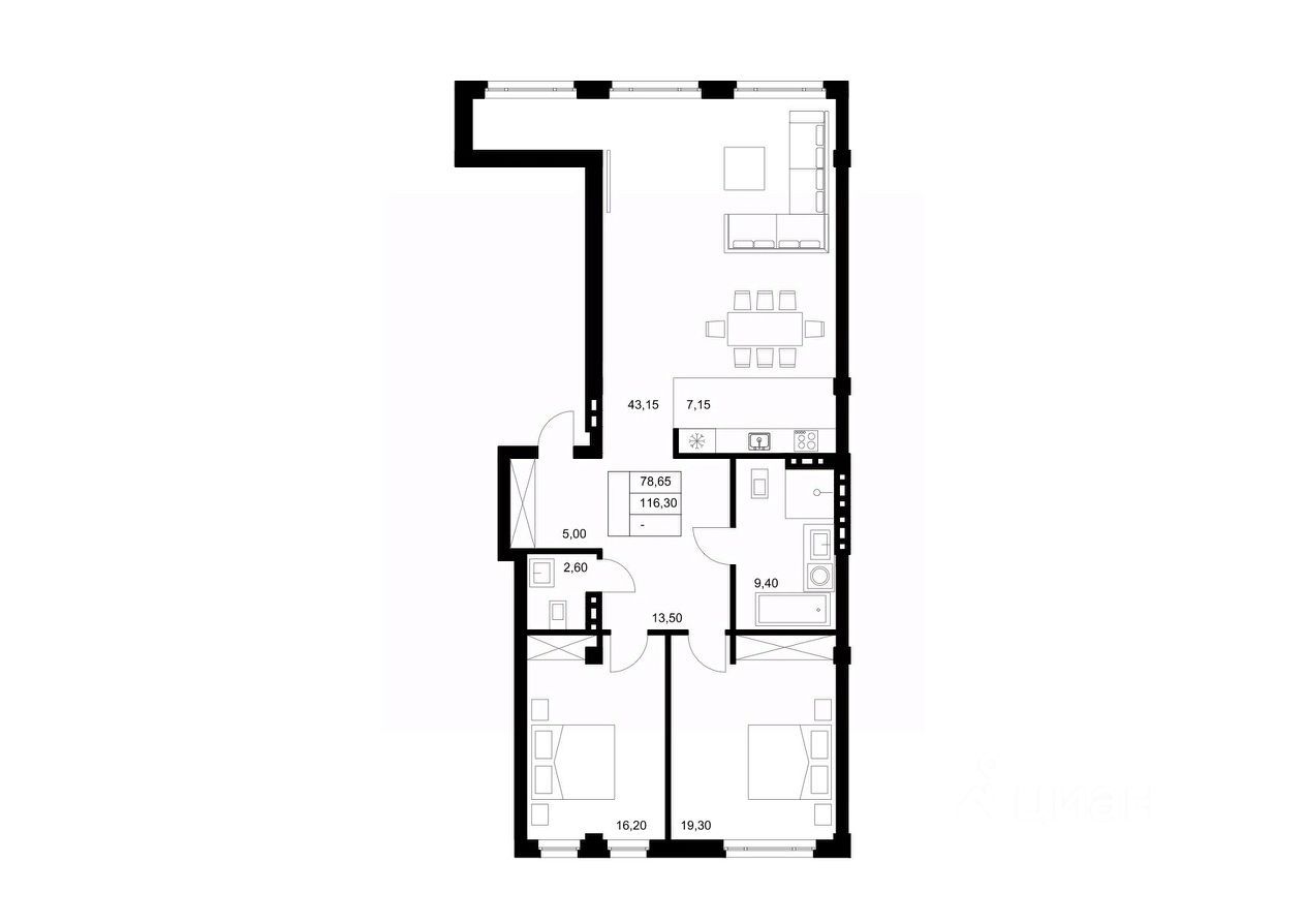 3-комн., 116.3 м², 3/6 этаж