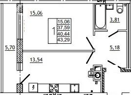 1-комн., 43 м², 1/10 этаж