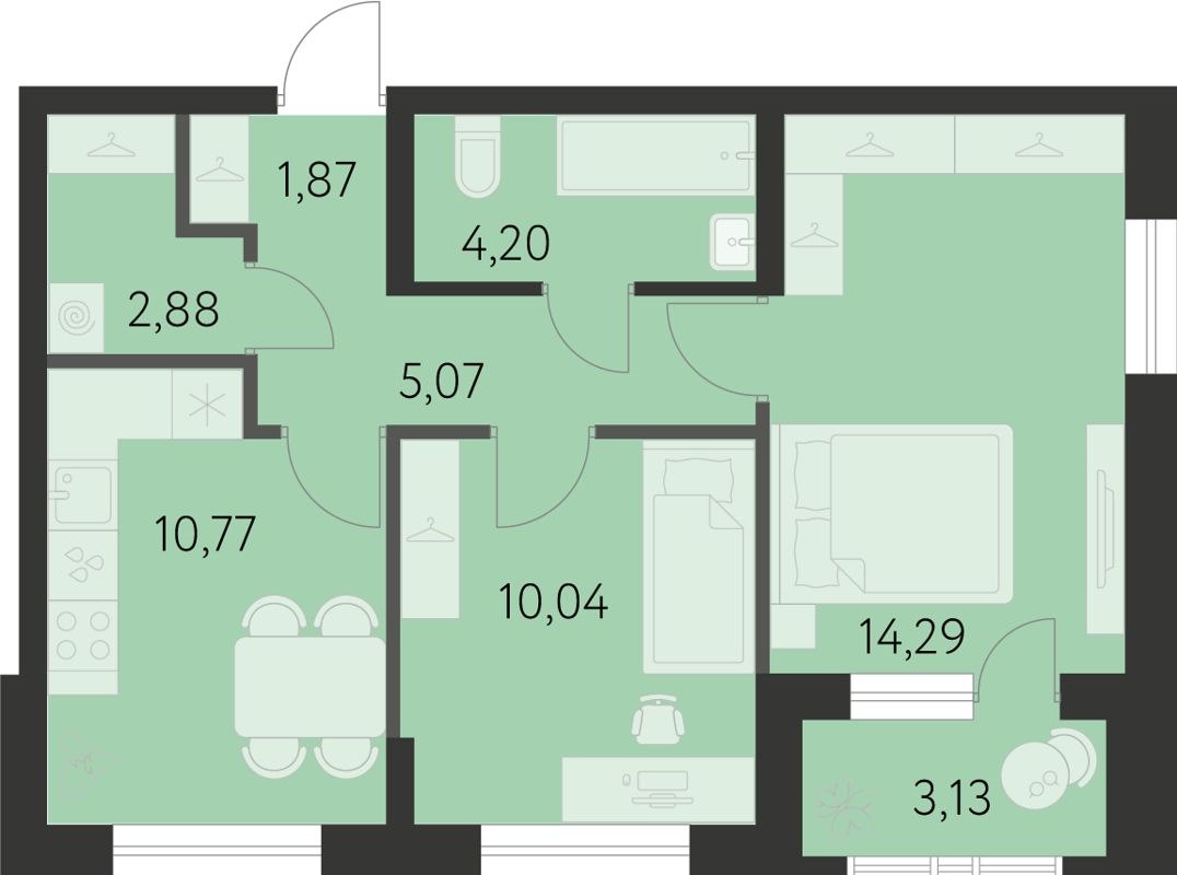 2-комн., 50.69 м², 12/25 этаж