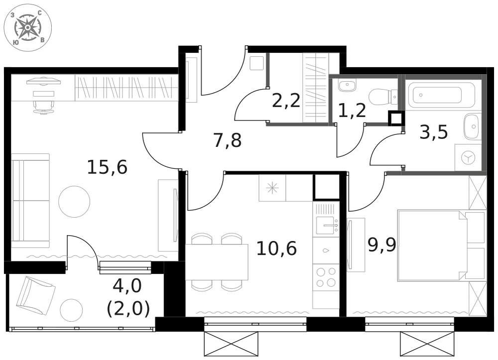 2-комн., 53.2 м², 10/14 этаж
