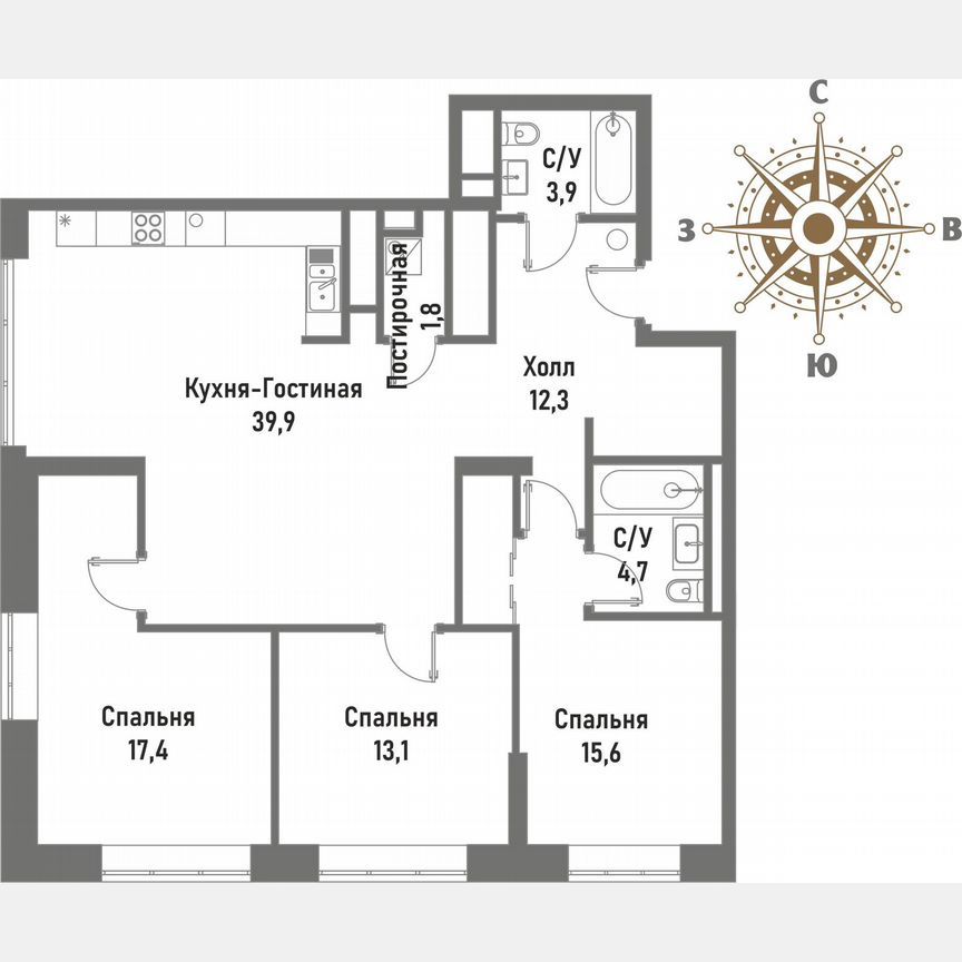 3-комн., 108.7 м², 12/20 этаж