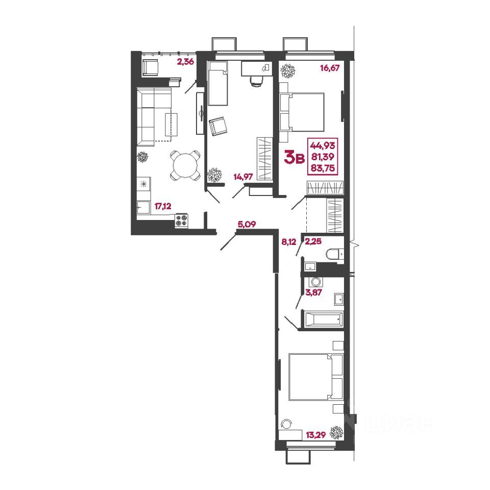 3-комн., 83.75 м², 10/17 этаж