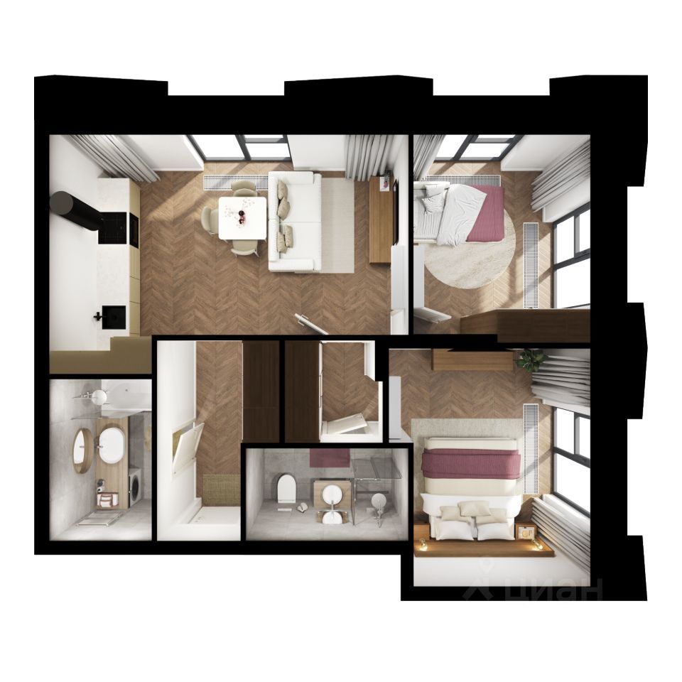 2-комн. квартира, 55.9 м2, 13/15 этаж