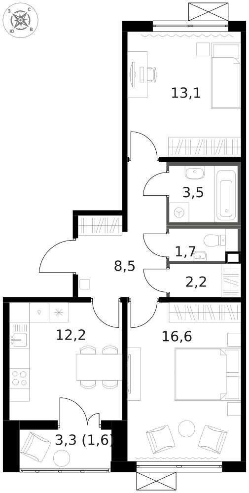 2-комн., 59.4 м², 2/13 этаж