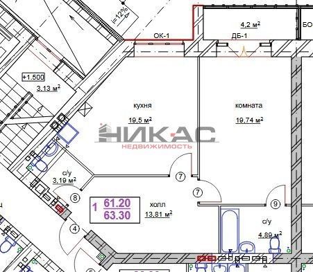 1-комн., 63 м², 2/6 этаж
