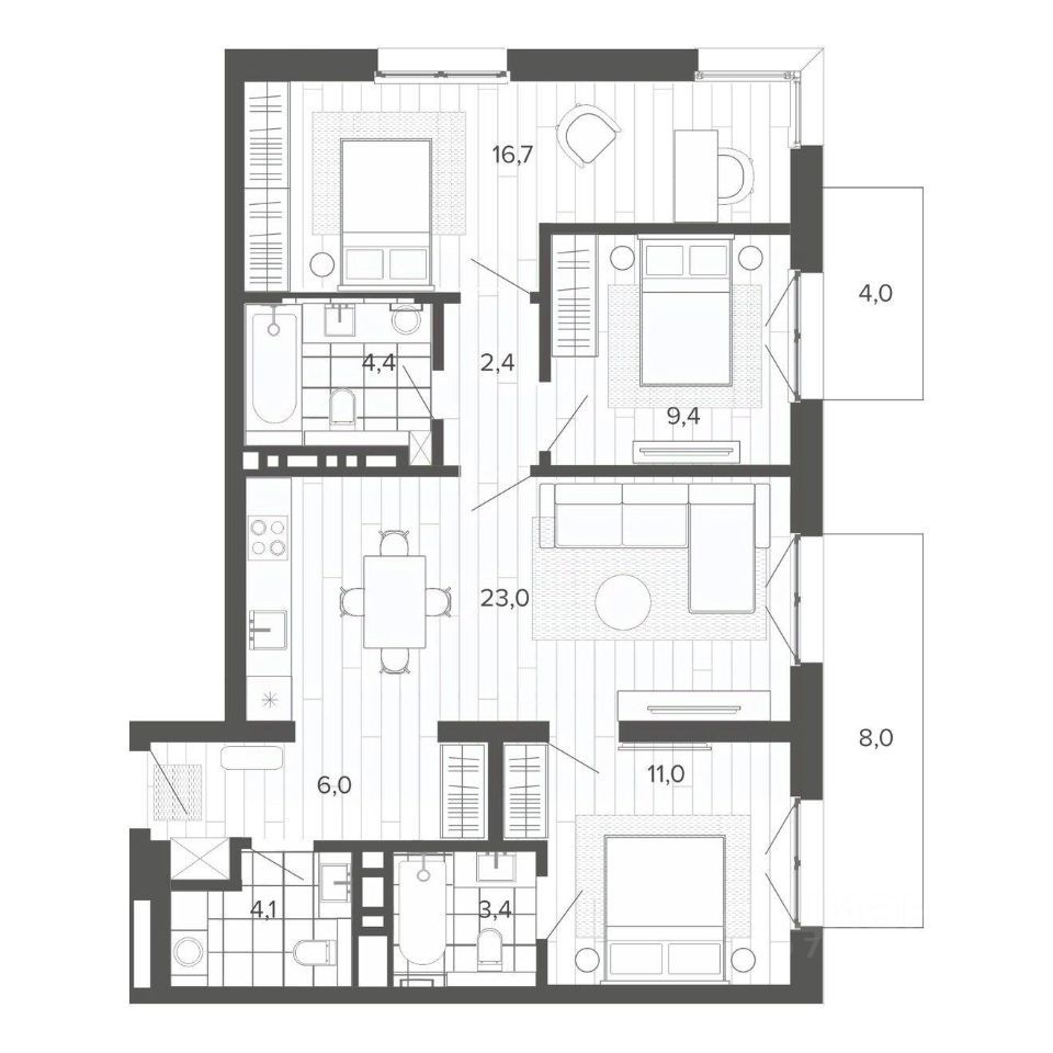 4-комн., 92.54 м², 8/9 этаж