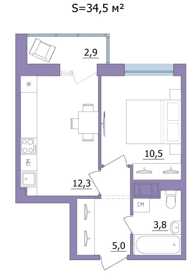 1-комн. квартира, 34.5 м2, 13/23 этаж