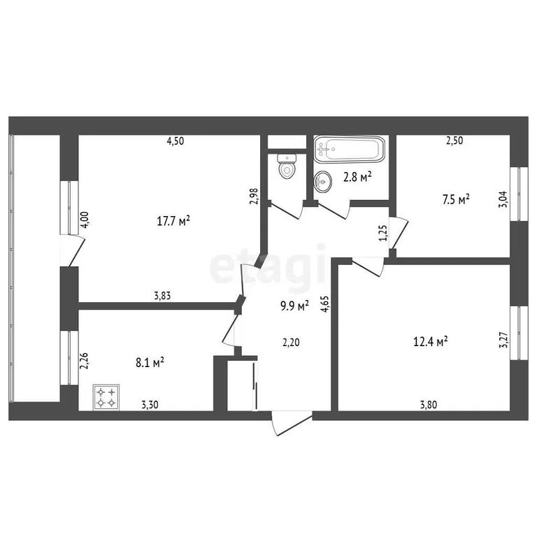 3-комн., 60.6 м², 2/5 этаж