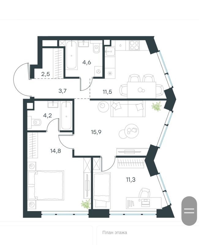 3-комн., 68.5 м², 11/42 этаж