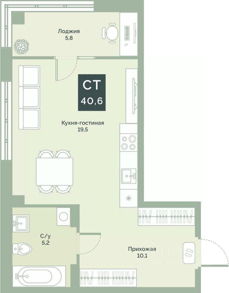 Студия, 40.6 м², 4/17 этаж