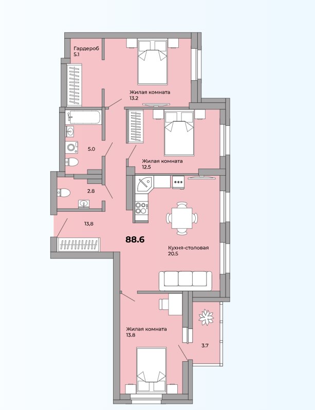 3-комн., 88.2 м², 11/21 этаж