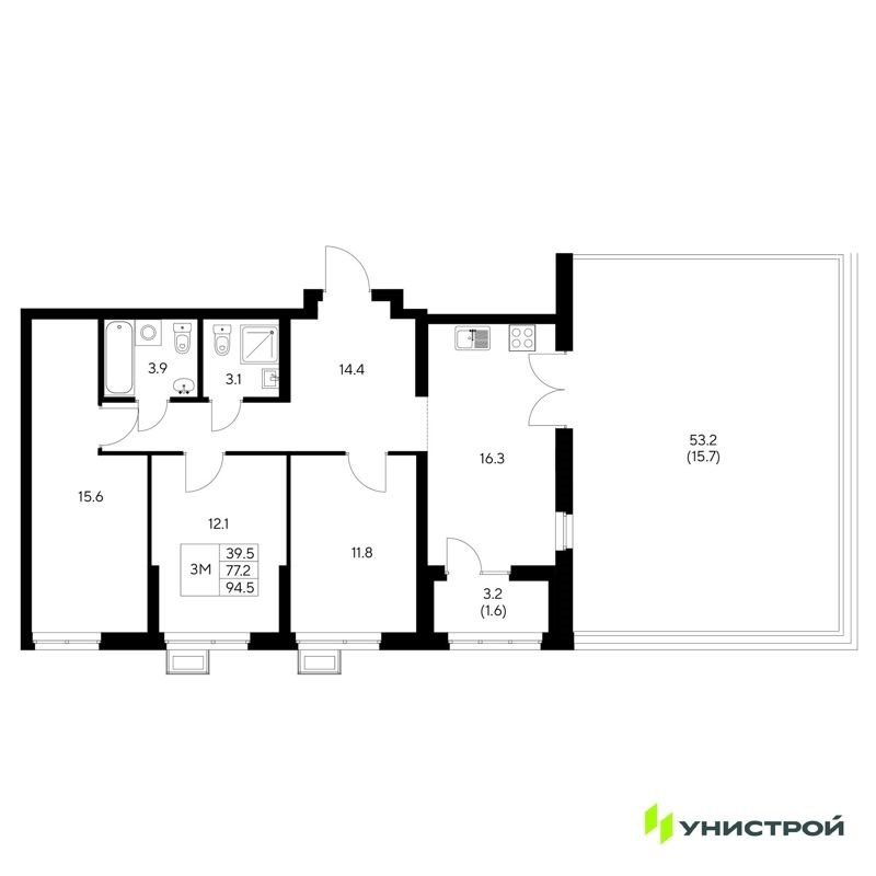3-комн., 94.5 м², 7/31 этаж